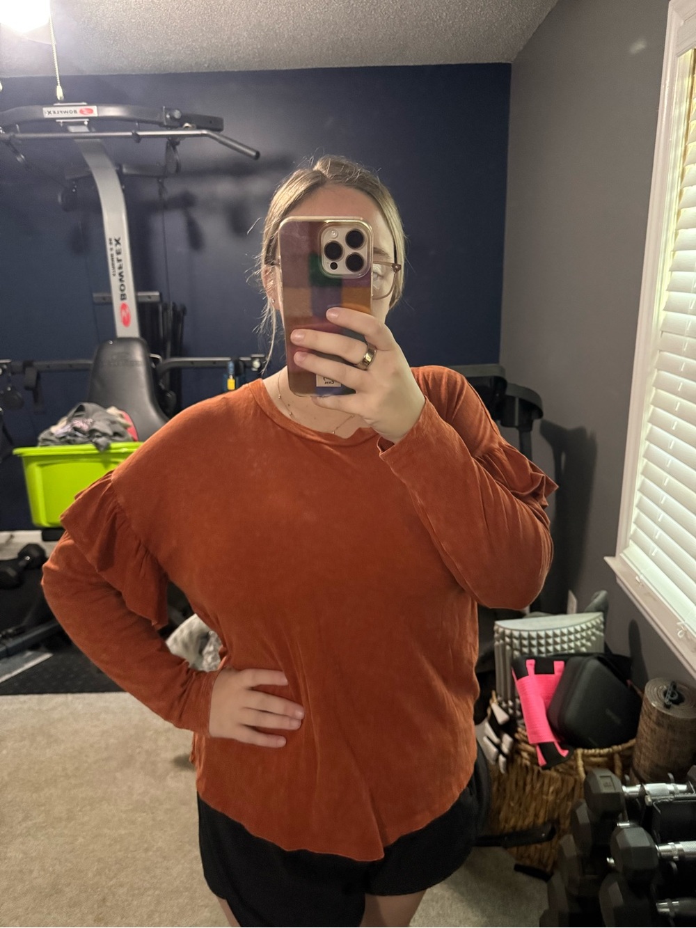 Rust Long-Sleeve Ruffle Shoulder Top - Unbranded